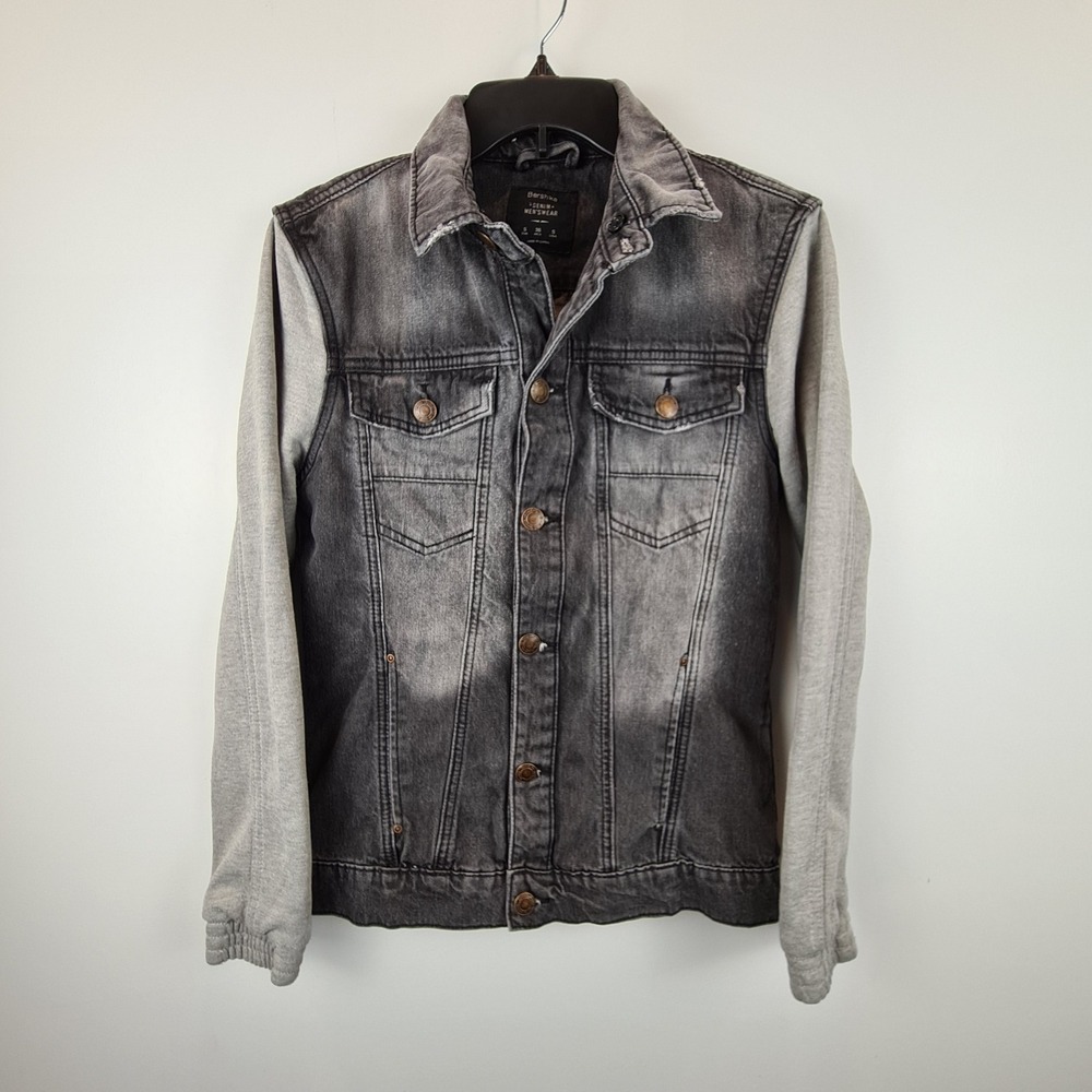 Bershka Mens Black Truckee Denim Jacket Gray Jersey Sleeves‎ Slim Size Small